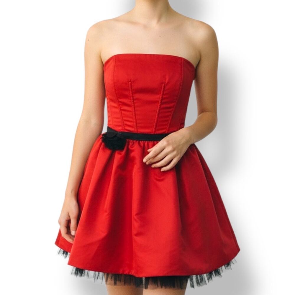 Vintage Red Strapless Corset Mini Dress Black Tulle Rosette Dark Romance HOCO